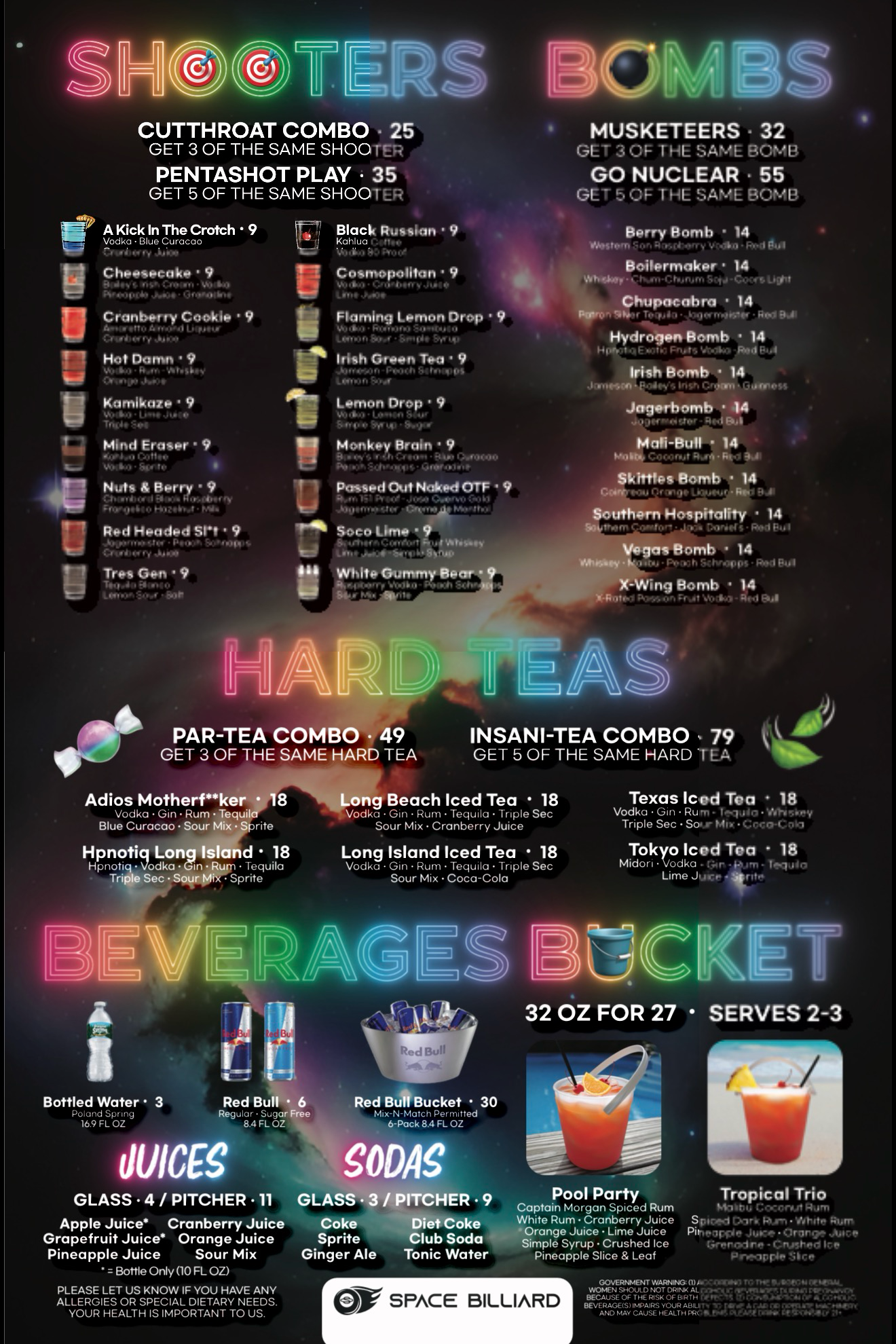 Shooters, bombs, hard teas, beverages and cocktail buckets